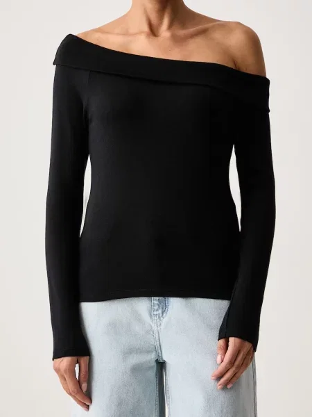 Levi's блуза с дълги ръкави дамска с модал CLARA RIB OFF SHOULDER LS черно