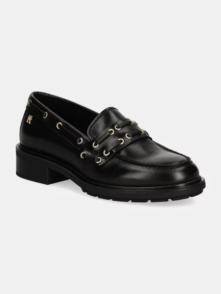 Кожени мокасини Tommy Hilfiger NAUTICAL EYELETS LEATHER LOAFER черно