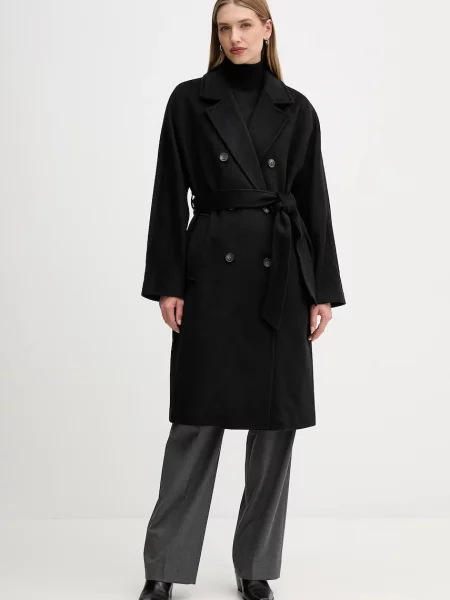 Вълнено палто Dkny кафяво преходен модел с двуредно закопчаване черно