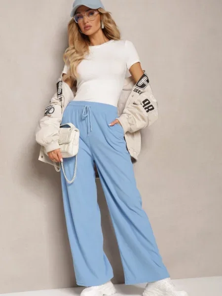 Szerokie Spodnie o Prążkowanym Kroju z Gumką w Pasie Jovulla niebieskie