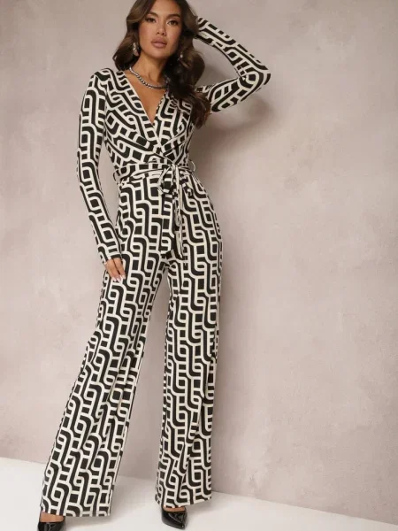 Bej-Negru Salopeta Largă cu în Talie și Imprimeu Geometric Elanihera negru