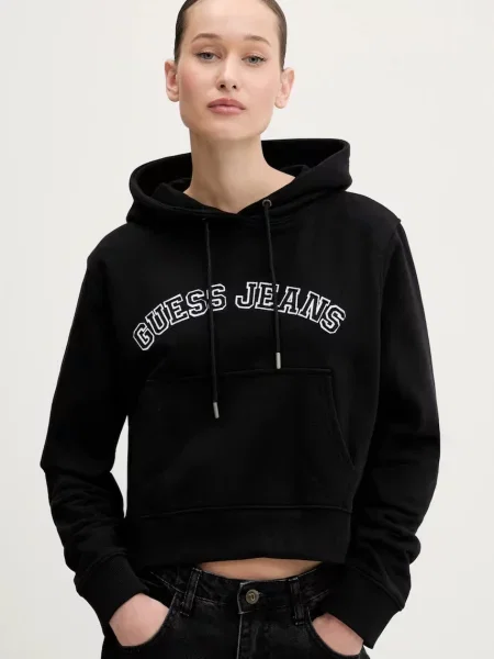 Суичър с качулка Guess Jeans с качулка с апликация черно