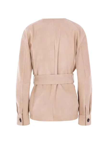 Cu centură geacă Max Mara din piele de căprioară bej