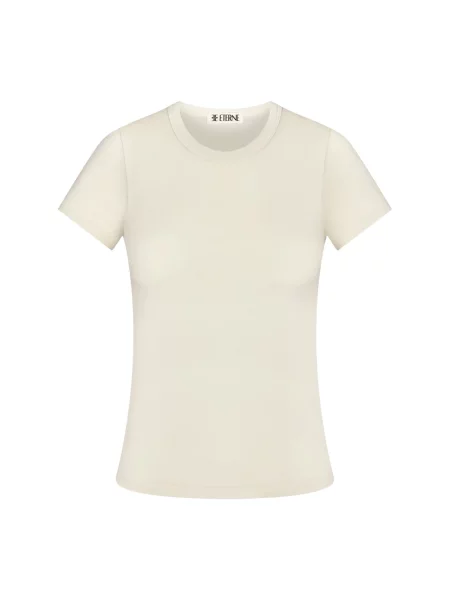 Krótka koszulka Eterne z krótkim rękawem z okrągłym dekoltem beżowa