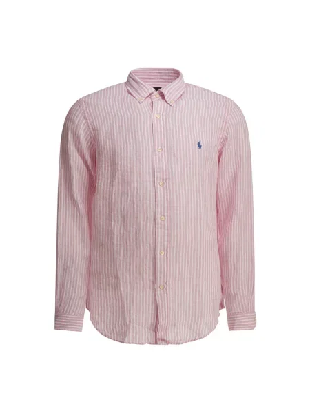 Lniana koszula Polo Ralph Lauren w paski z paskiem różowa