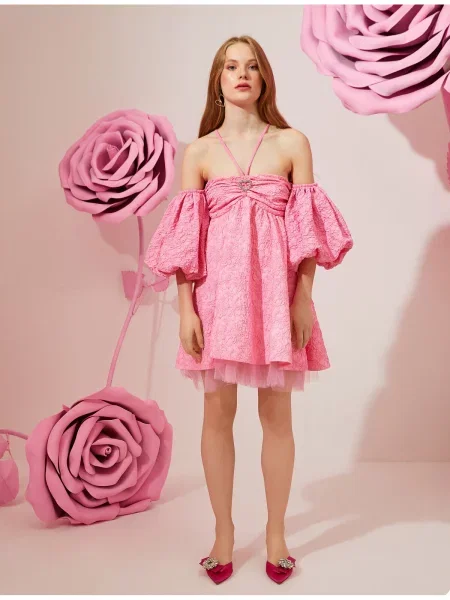 Sukienka Koton tiulowa z rękawami balonowymi różowa