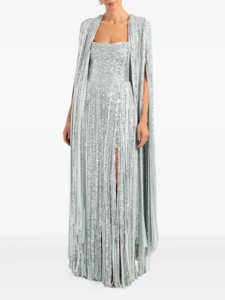 Maksi sukienka maxi Ana Radu z frędzli garniturowa srebrna