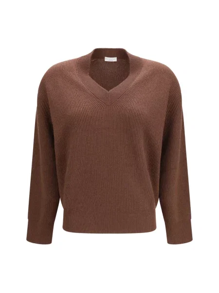 Sweter Brunello Cucinelli z dekoltem w serek brązowy