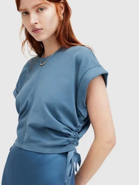 Блуза AllSaints MIRA дамска с изчистен дизайн синьо