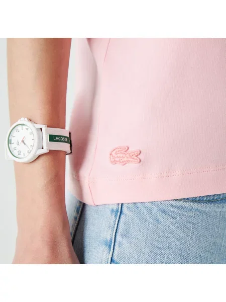 Lacoste Kadın Slim Fit Bisiklet Yaka Baskılı Pembe T-Shirt różowa