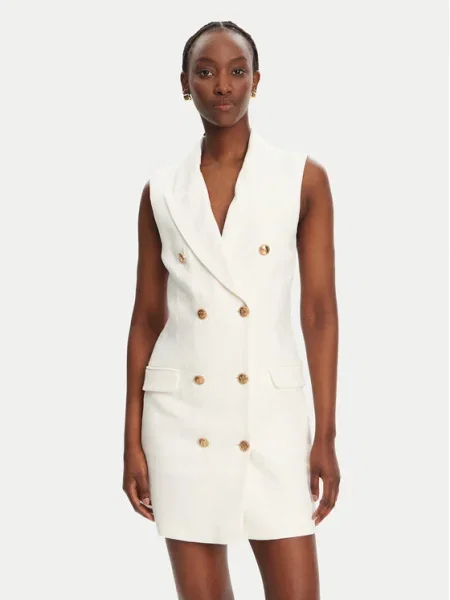 Ленена рокля Elisabetta Franchi къса с кройка по тялото бяло