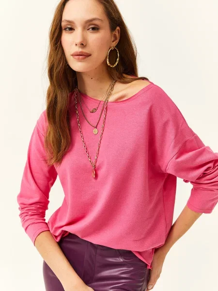 Hanorac crewneck Olalook cu imagine cu decolteu rotund roz