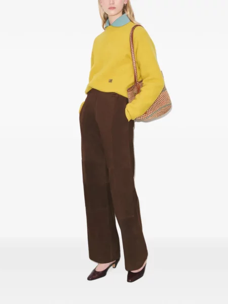 Pantaloni Tory Burch din piele de căprioară maro