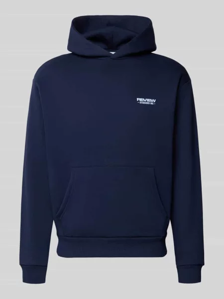 Bluza z kapturem o kroju relaxed fit z mieszanki bawełny z nadrukiem z logo Review granatowa