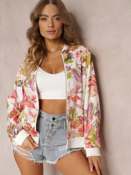 Kurtka Bomberka w Kwiaty ze Ściągaczami Lirissa biała