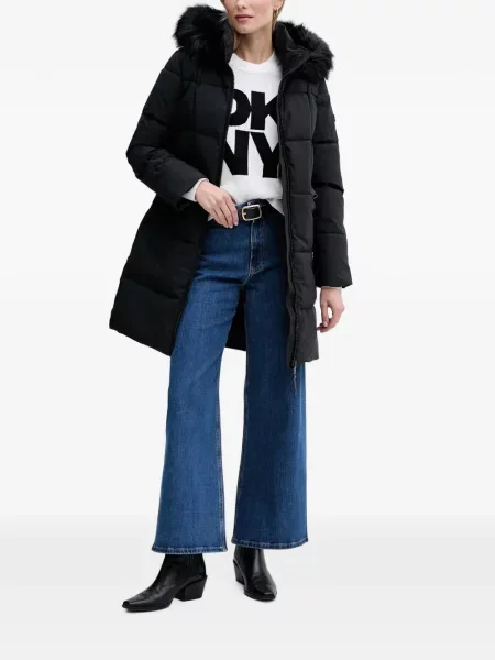 Palton de blană Dkny cu glugă cu blană negru