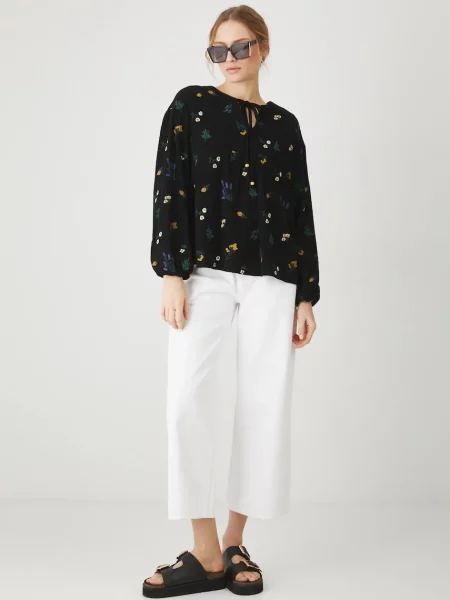 Блузка з домішкою льону Medicine принт квіти чорний