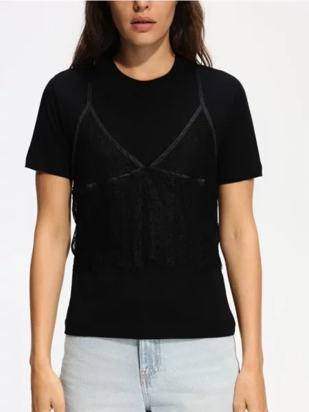 Reserved Tricou cu top din dantelă negru