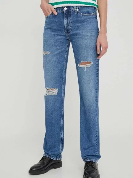 Панталони Calvin Klein Jeans Low Rise Straight Jeans Denim Medium синьо