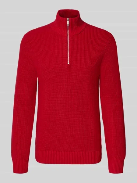 Sweter z dzianiny o kroju slim fit z czystej bawełny z kołnierzem zapinanym Mcneal czerwony