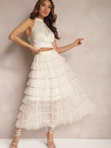 Rozkloszowana Spódnica Maxi z Falbankami i Cekinami Noobi beżowa