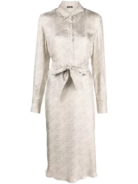 Jedwabna sukienka koszulowa Kiton z nadrukiem w abstrakcyjne wzory brązowa