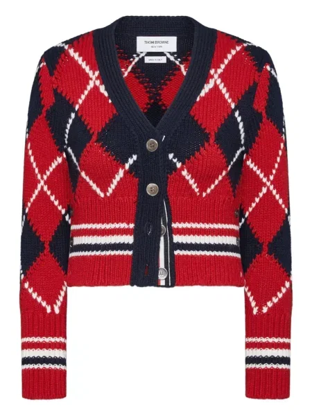 Cardigan Thom Browne cu decolteu în V cu model argyle roșu