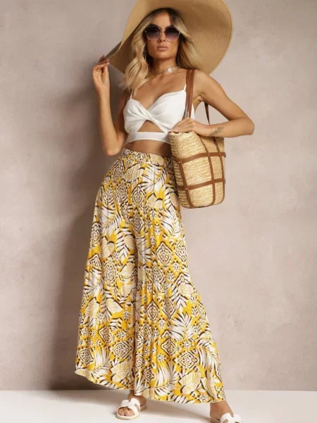 Szerokie Spodnie z z Gumką w Talii i Falbanką Klavalia żółte