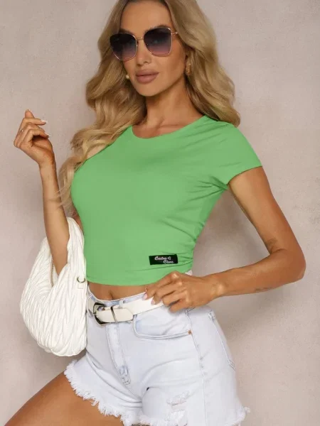 Prążkowany T-shirt Koszulka z Krótkim Rękawem Opolia zielony