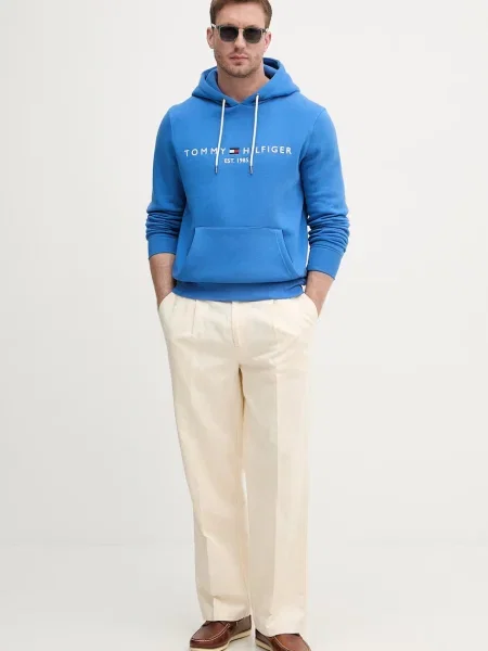 Tommy Hilfiger pulover s kapuco z bombažem modra