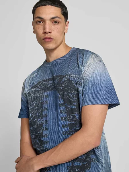 T-shirt z prążkowanym okrągłym dekoltem Diesel niebieska