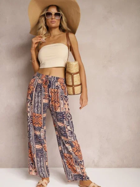 Niebiesko-Pomarańczowe Szerokie Spodnie Typu Palazzo z z Gumką w Pasie Melafea niebieskie