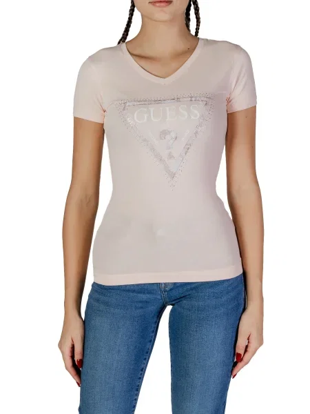 Kryształ górski koszulka Guess z dekoltem w serek z krótkim rękawem biała