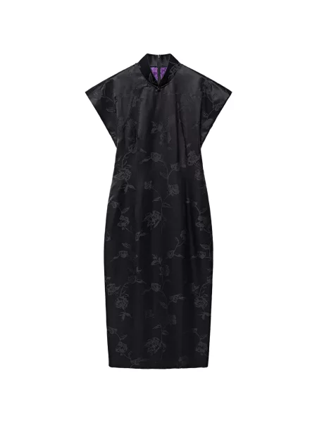Rochie midi Shanghai Tang cu model floral din jacard negru