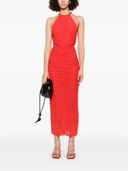 Rochie maxi Mugler cu volane cu gât halter roșu