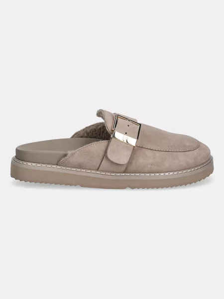 Tommy Hilfiger klapki zamszowe TH BUCKLE FUR SUEDE MULE beżowy