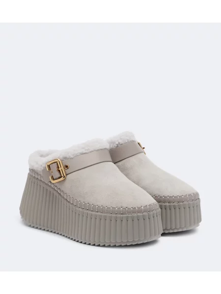 Papuci tip mules Chloé din piele de căprioară cu platformă gri