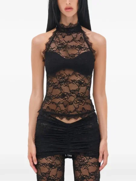 Топ Ow Collection на цветя с дантела с халтер деколте черно