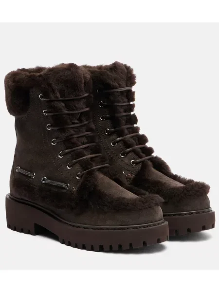 Botine Brunello Cucinelli cu șireturi din piele de căprioară maro