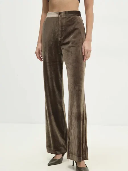 Кадифен панталон Answear Lab със стандартна кройка с висока талия бежово