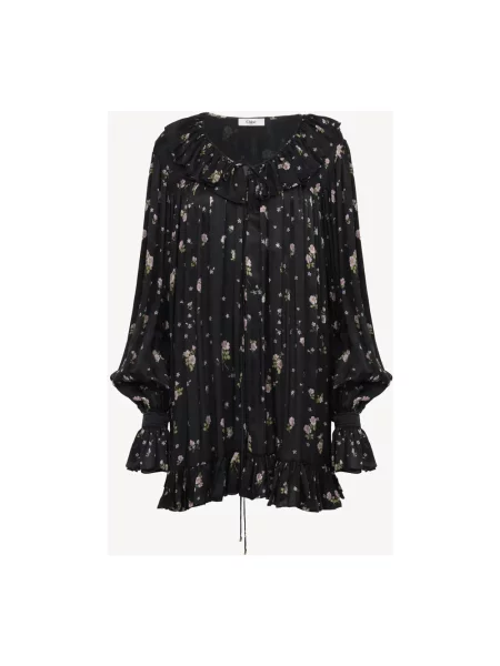 Jedwabna sukienka z falbankami Chloe w kwiatki czarna