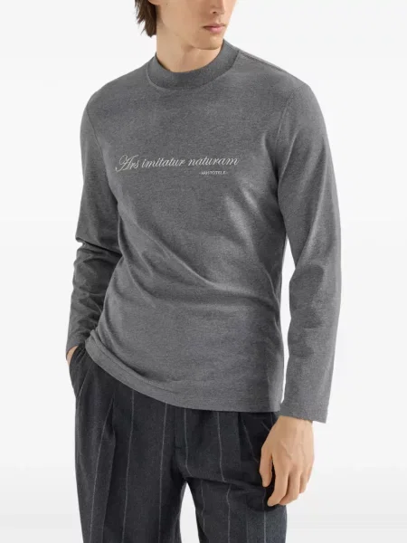 Tricou Brunello Cucinelli cu broderie cu mâneci lungi din jerseu gri
