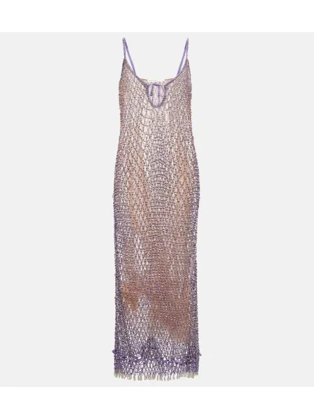 Sukienka midi Self-portrait z siateczką do kolan z koralikami fioletowa