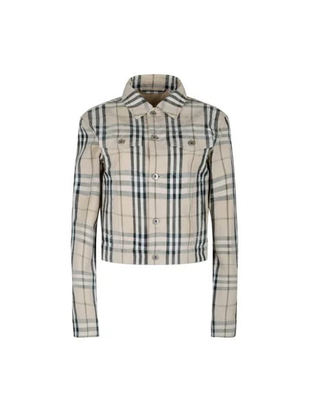 Krótka kurtka jeansowa Burberry w kratkę beżowa