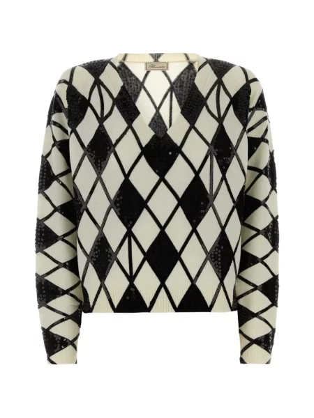 Pulover Blumarine cu paiete cu model argyle alb