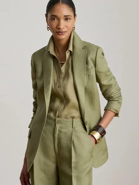 Żakiet o kroju regular fit z mieszanki lnu Lauren Ralph Lauren zielona
