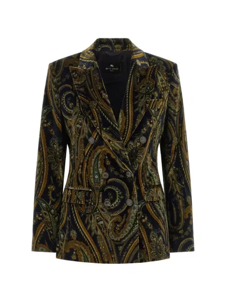 Geacă Etro de catifea cu model floral cu două rânduri de nasturi albastru