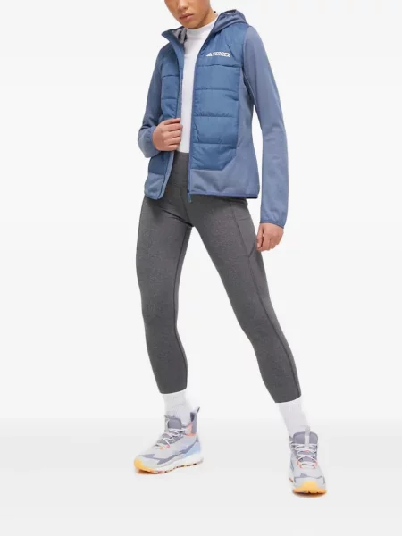Geacă cu puf Adidas din piele de căprioară cu dungi cu glugă albastru