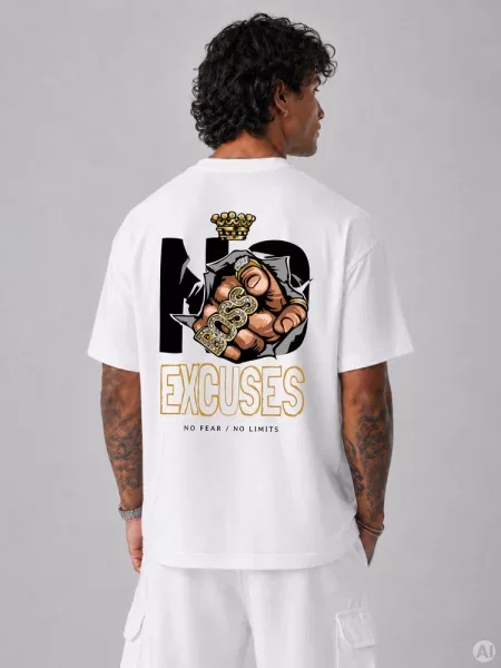 T-shirt oversize z nadrukiem No Excuses biały