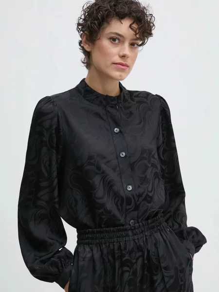 Риза Mos Mosh дамска със стандартна кройка с права яка черно